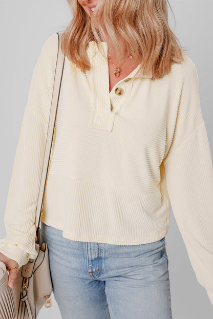 Waffle Knit Lantern Sleeve Henley Pullover – Apricot
