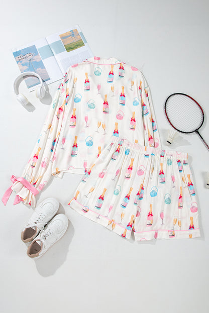 Valentine’s Day White Plus Size Wine Print Bow Pajama Set