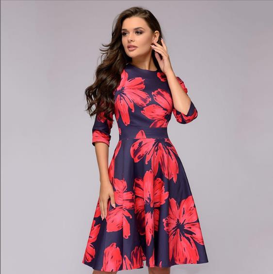 Women's Floral A-Line Midi Dress 3/4 Sleeve Vintage Party