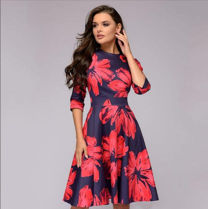 Women's Floral A-Line Midi Dress 3/4 Sleeve Vintage Party