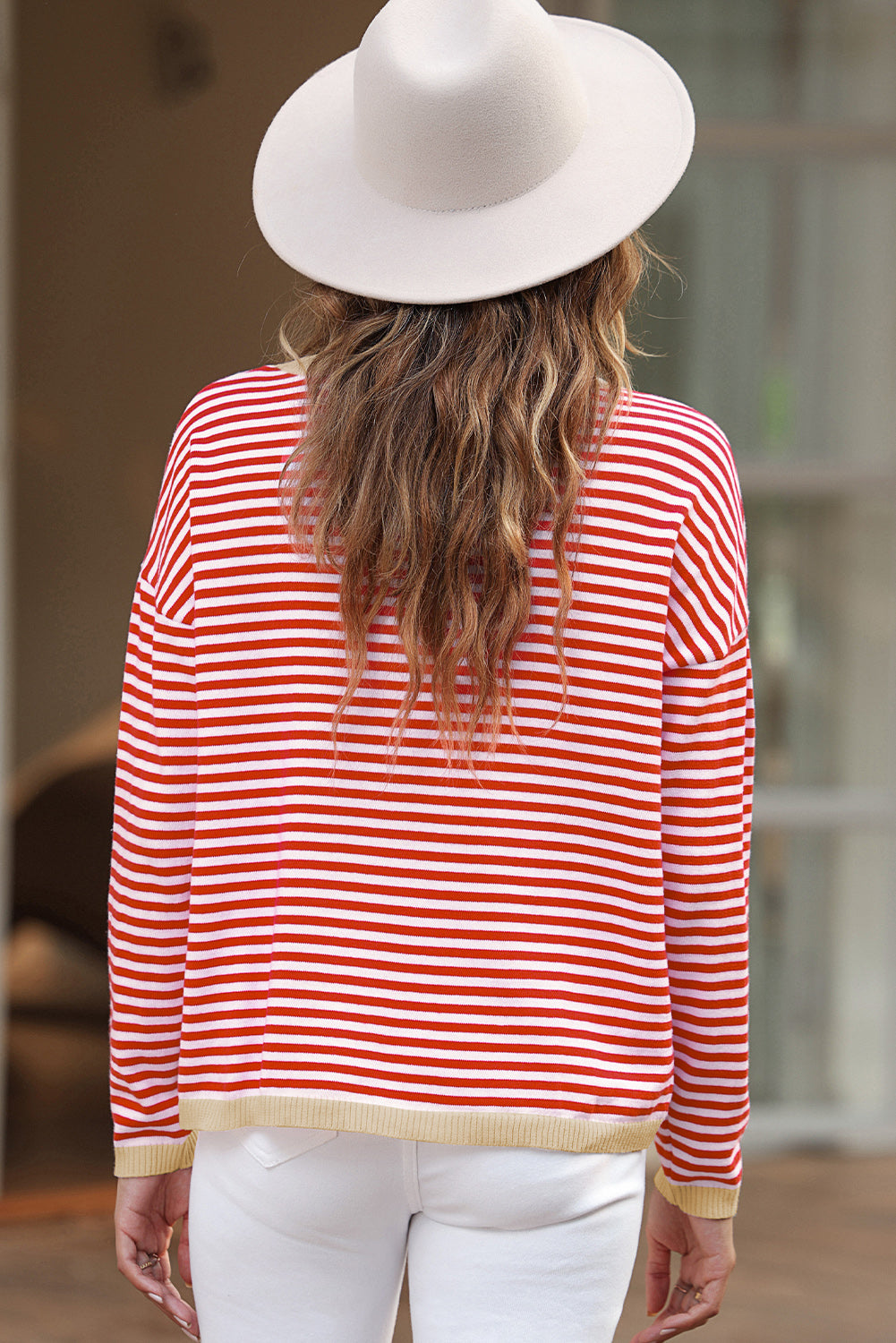 Contrast Trimmed Striped Drop Shoulder Sweater