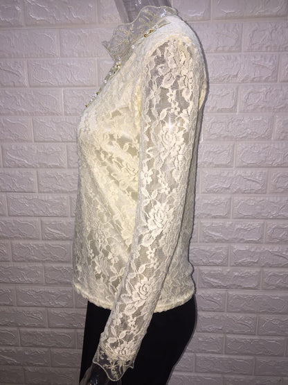 Women's Mock Neck Lace Blouse Long Sleeve Elegant