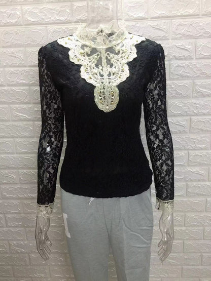Women's Mock Neck Lace Blouse Long Sleeve Elegant
