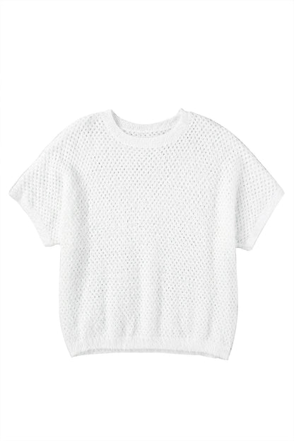 White Fuzzy Eyelet Knitted Sweater T-shirt