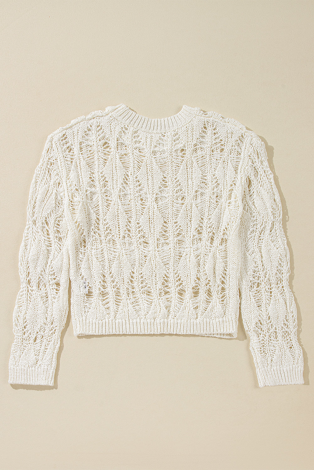 White Cut Out Crochet Crew Neck Loose Fit Sweater