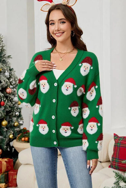 Black Christmas Santa Claus Pattern Button V Neck Sweater Cardigan
