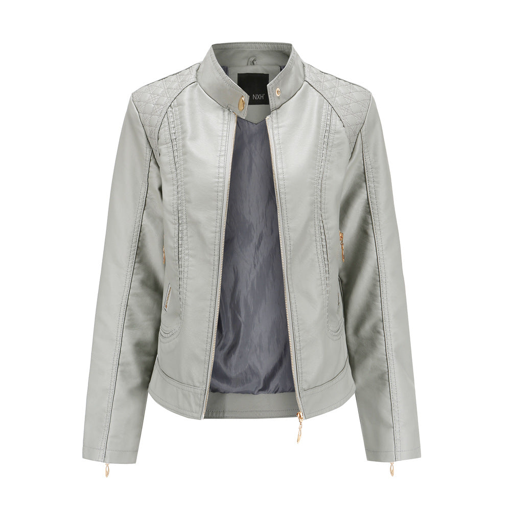 Womens Faux Leather Moto Jacket Zip Up Quilted