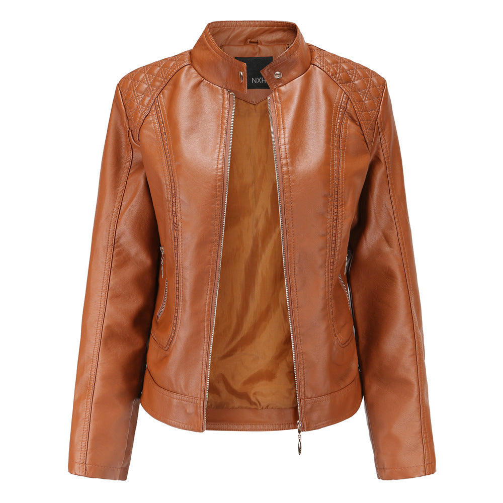 Womens Faux Leather Moto Jacket Zip Up Quilted