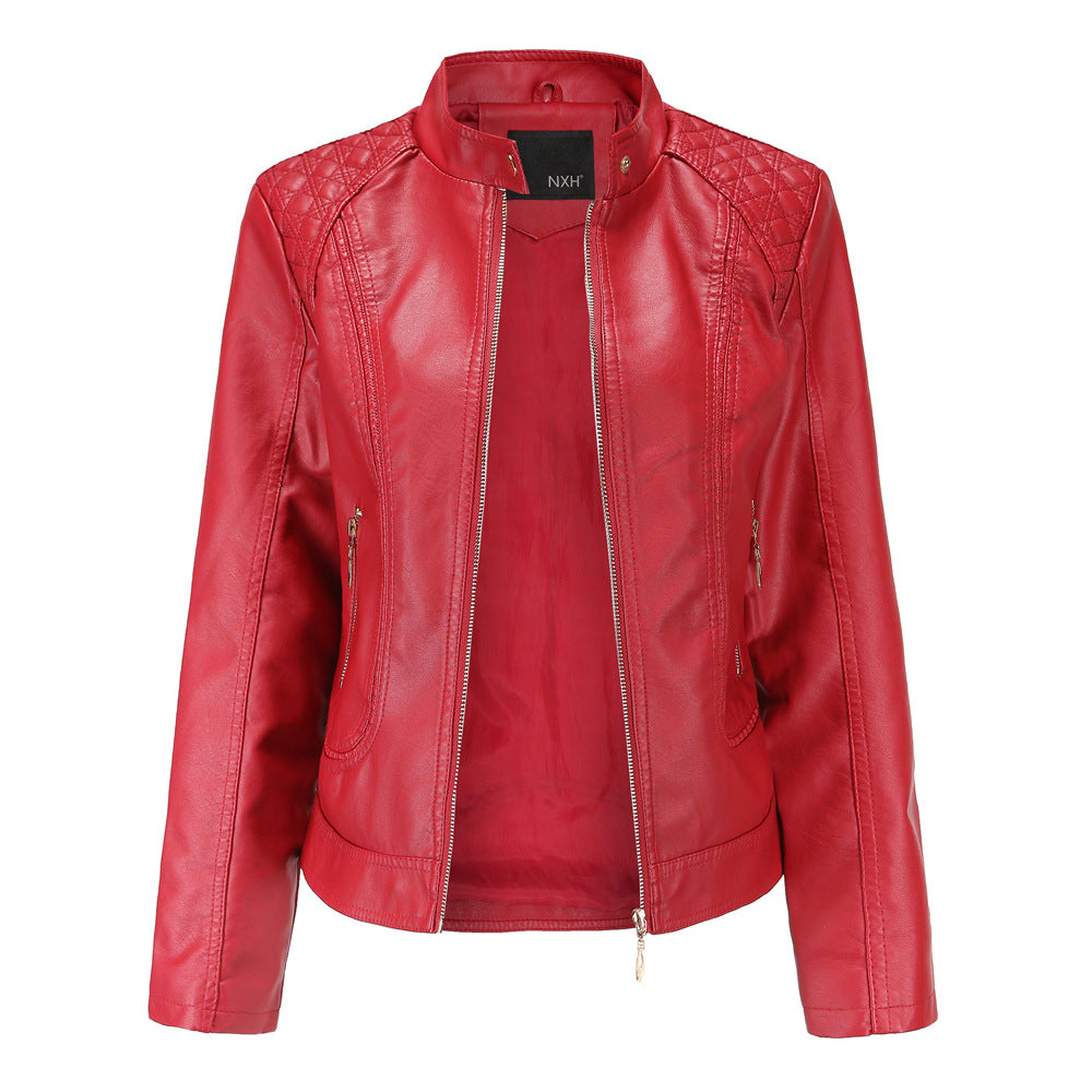 Womens Faux Leather Moto Jacket Zip Up Quilted