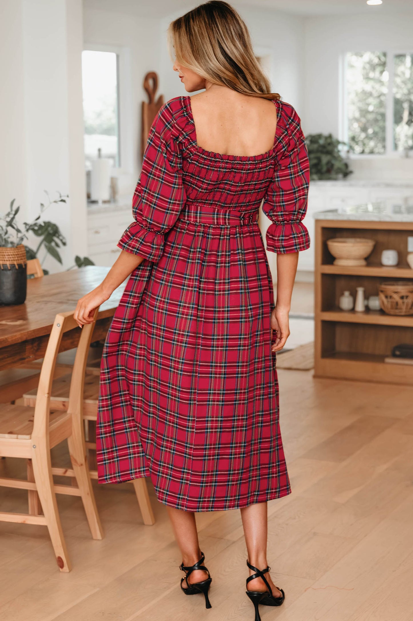 Red Tartan Plaid Puff Sleeve Smocked Waist Christmas Dress