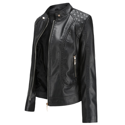 Womens Faux Leather Moto Jacket Zip Up Quilted