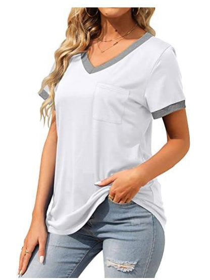 T Shirt Short Sleeve V Neck Loose Casual Top with Pocket Plus Size