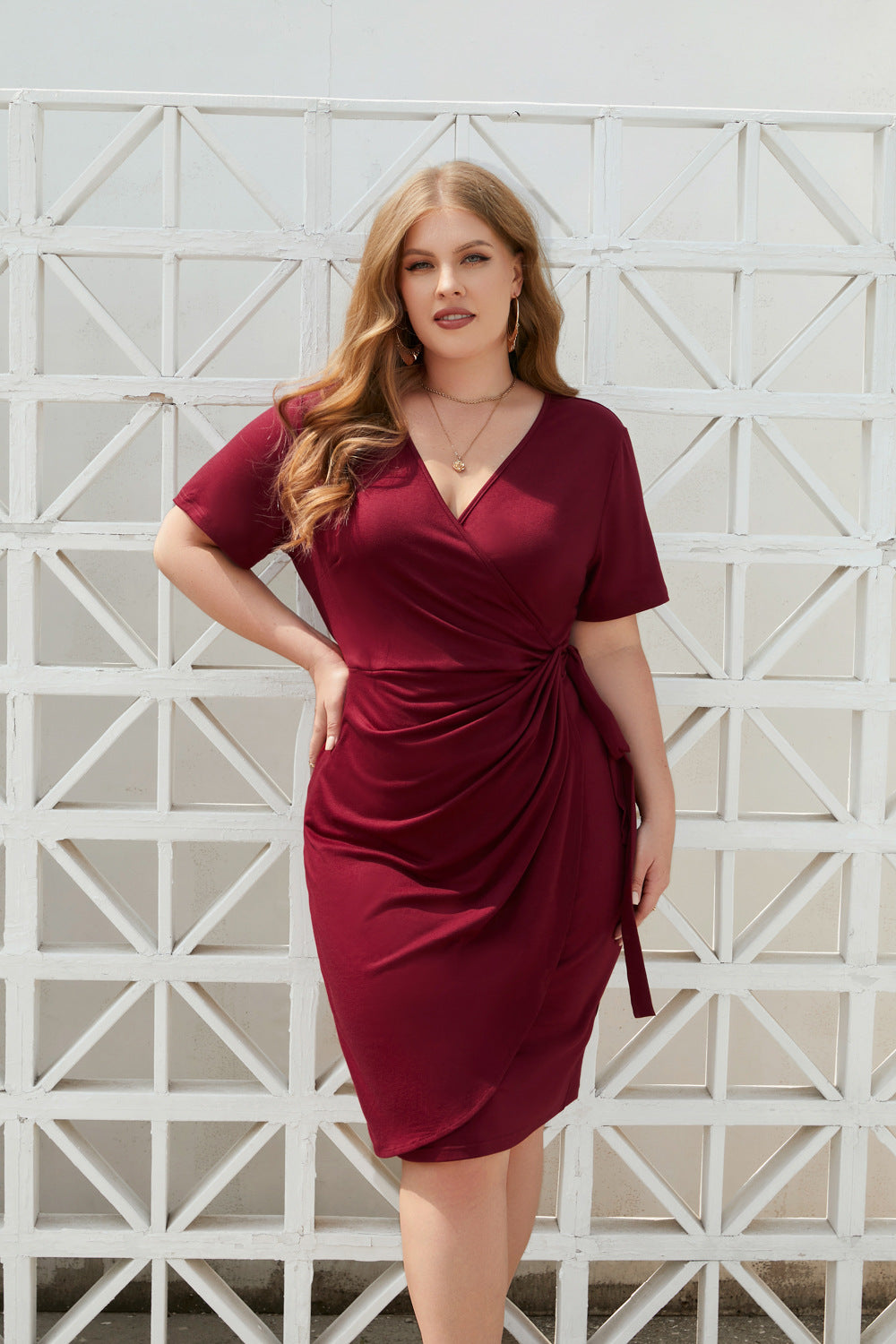 Womens Deep V Neck Knee Length Cocktail Party Faux Wrap Formal Plus Size Dress