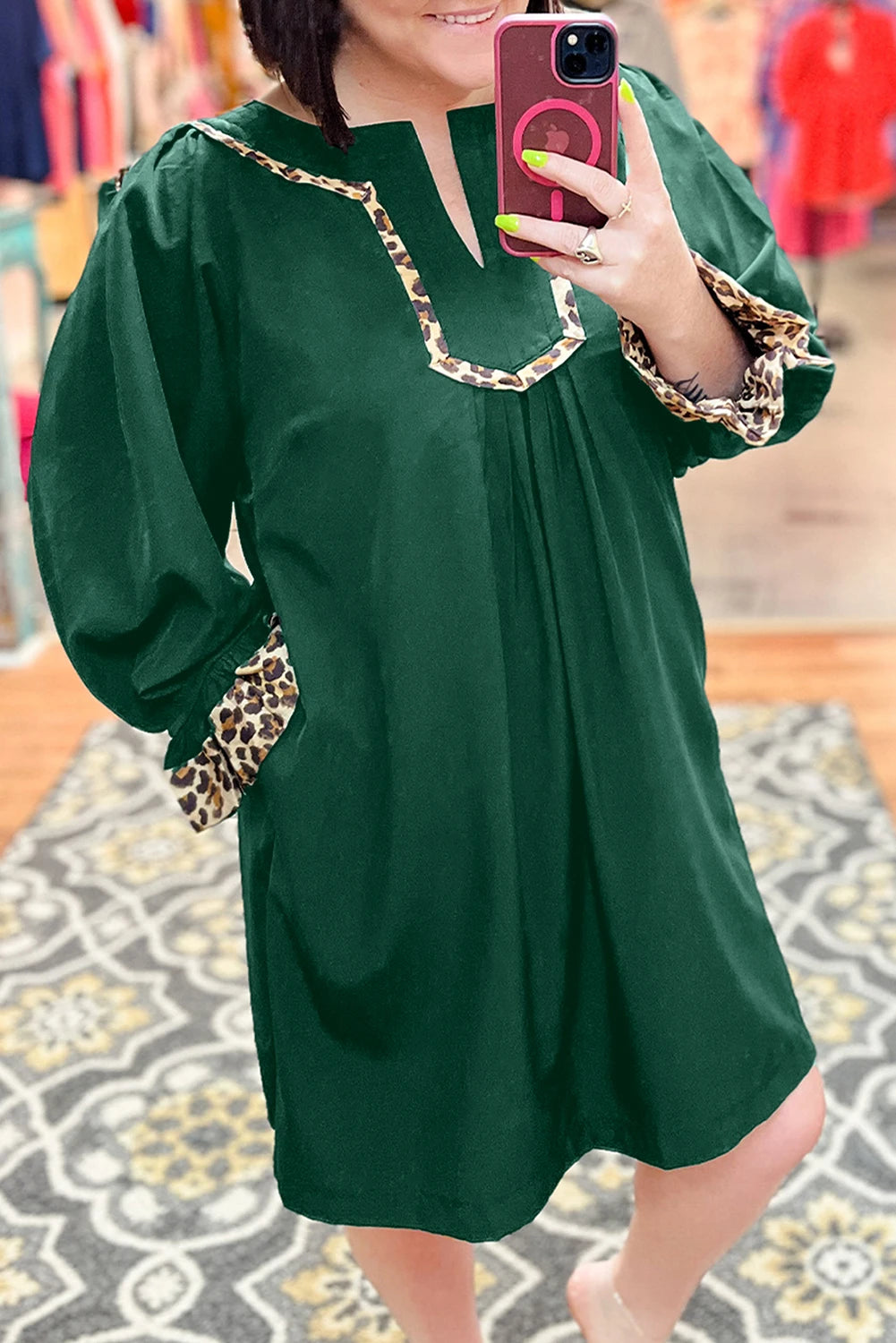 Evergreen Plus Size Notched Neck Leopard Trim Flounce Long Sleeve Shift Dress