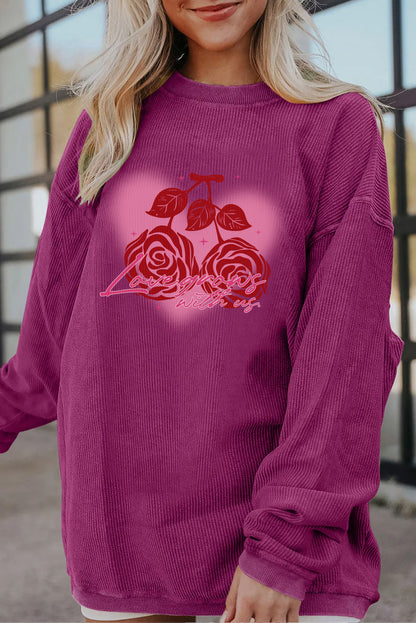 Valentine Rose Heart Corduroy Ribbed Oversized Sweatshirt
