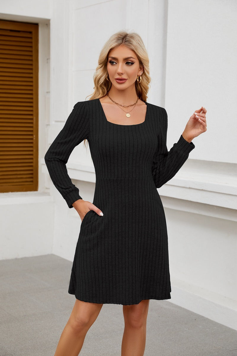 Square Neck Ribbed Knit Dress with Pockets