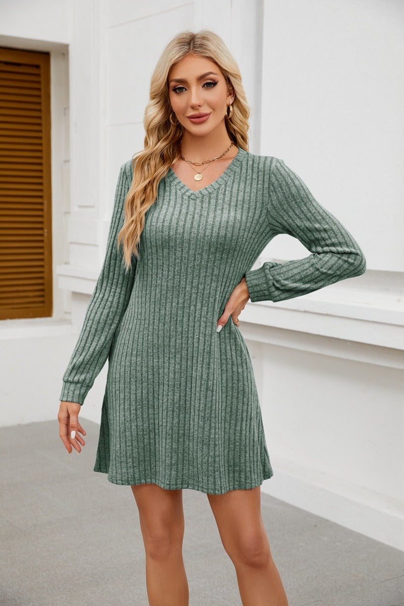 V Neck Ribbed Knit Dress - Brushed Long Sleeve Mini