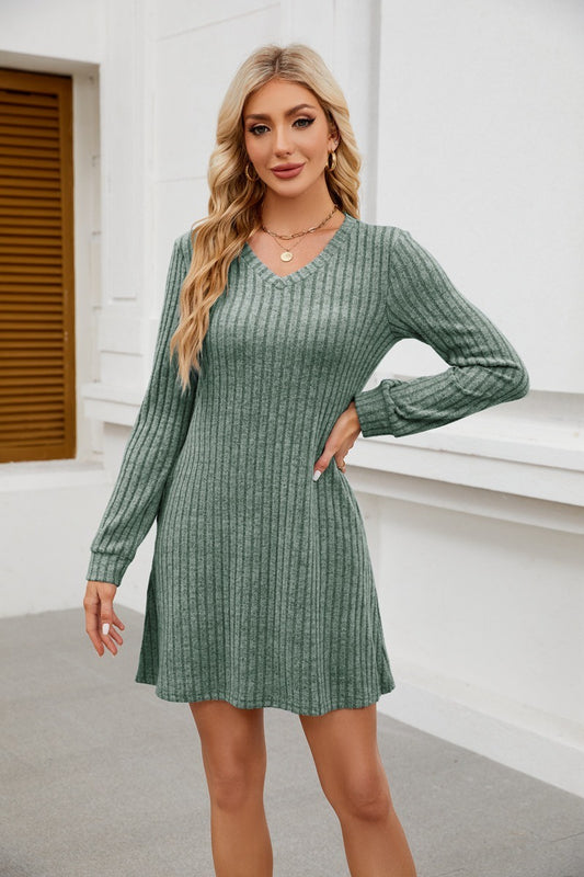 V Neck Ribbed Knit Dress - Brushed Long Sleeve Mini