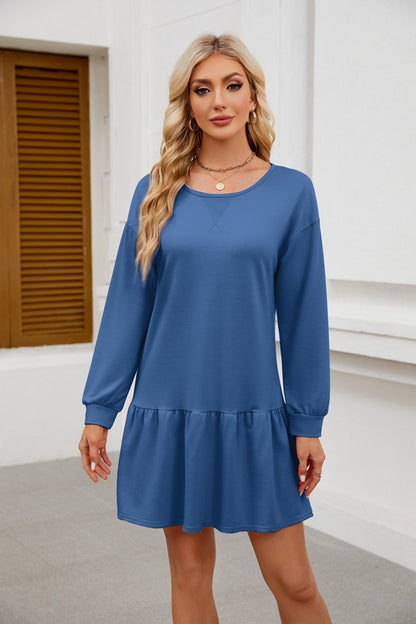Long Sleeve Sweatshirt Dress - Casual Crewneck Pullover