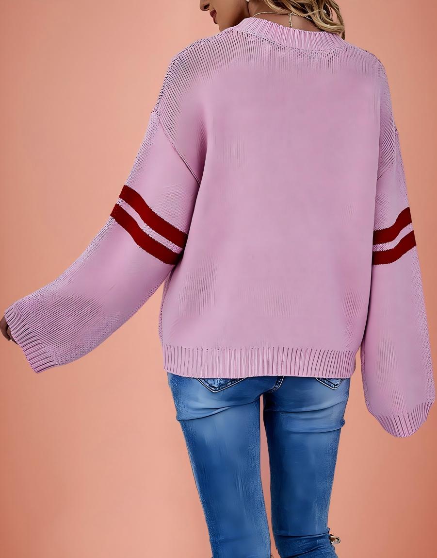 Pink Heart Contrast Knit Sweater Womens Valentine Pullover