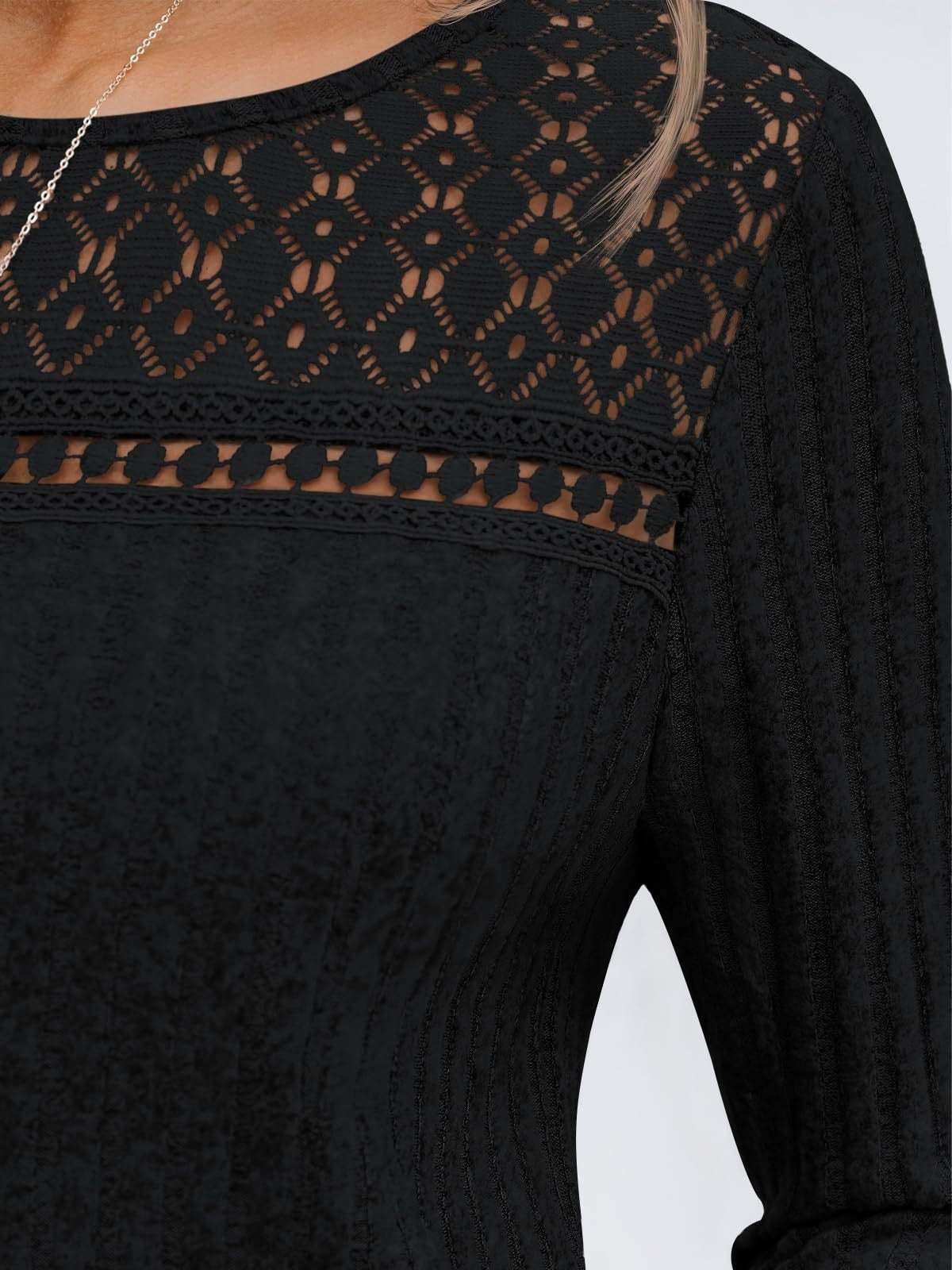 Ribbed Knit Pullover with Lace Panel Long Sleeves