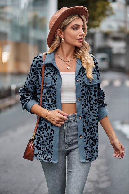 Leopard Print Corduroy Button Down Oversized Shirt Jacket