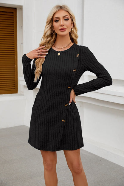 Ribbed Knit Button Dress - Long Sleeve A-Line Sweater