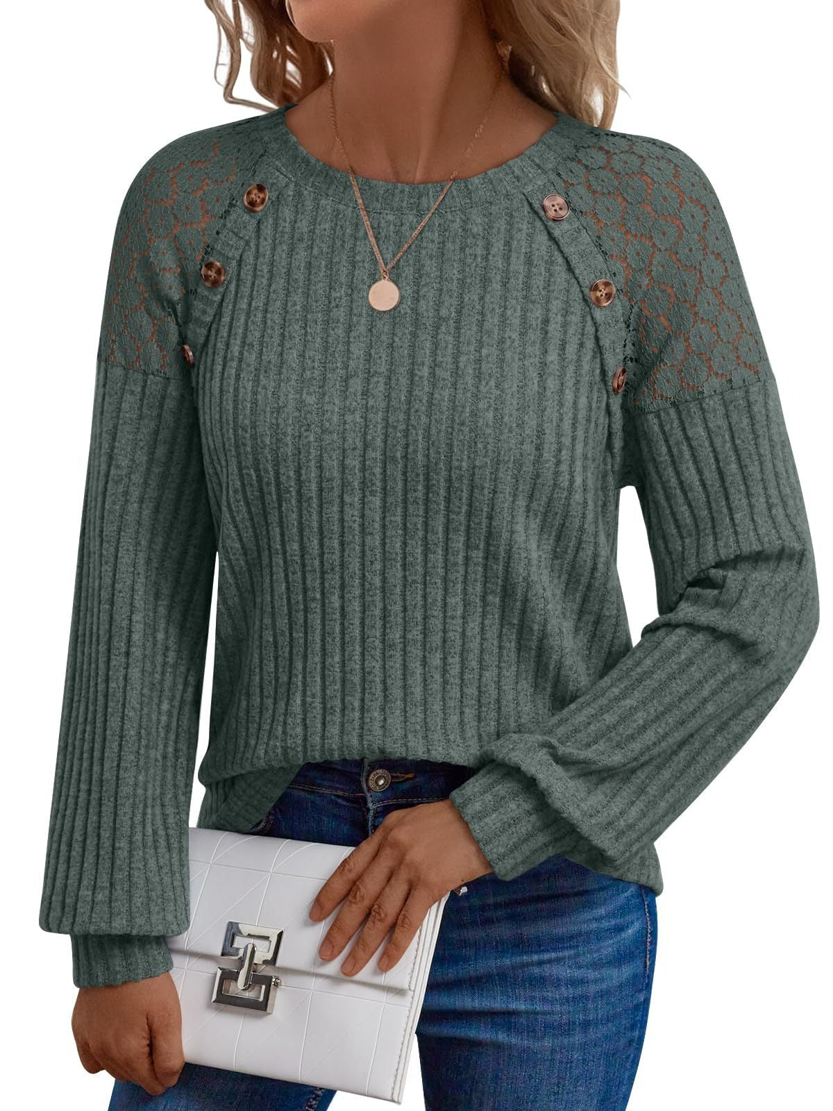 Solid Ribbed Knit Button Pullover with Lace & Buttons