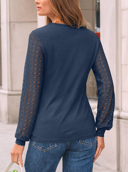 Lace Sleeve Patchwork Knit Pullover Top for Women
