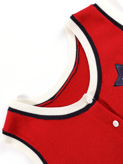 Cute Embroidered Red Knit Vest Cardigan for Kids – Adorable Ruffle Hem