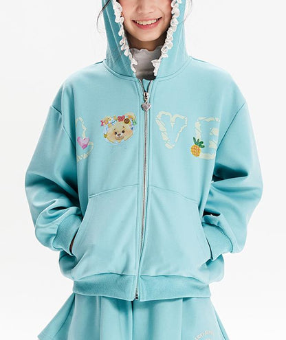 Girls Cartoon Hoodie and Lace Trim Shorts Two-Piece Set
