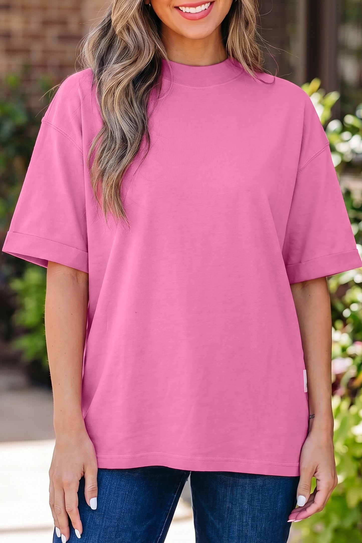 Dark Blue Oversized Mock Neck Tee Casual Relaxed Top