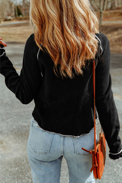 Womens Waffle Knit Long Sleeve Top Casual Crew Neck Tee