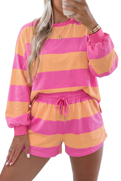 Pink Orange Stripe Lounge Set 2pc Shorts Set Sweatshirt