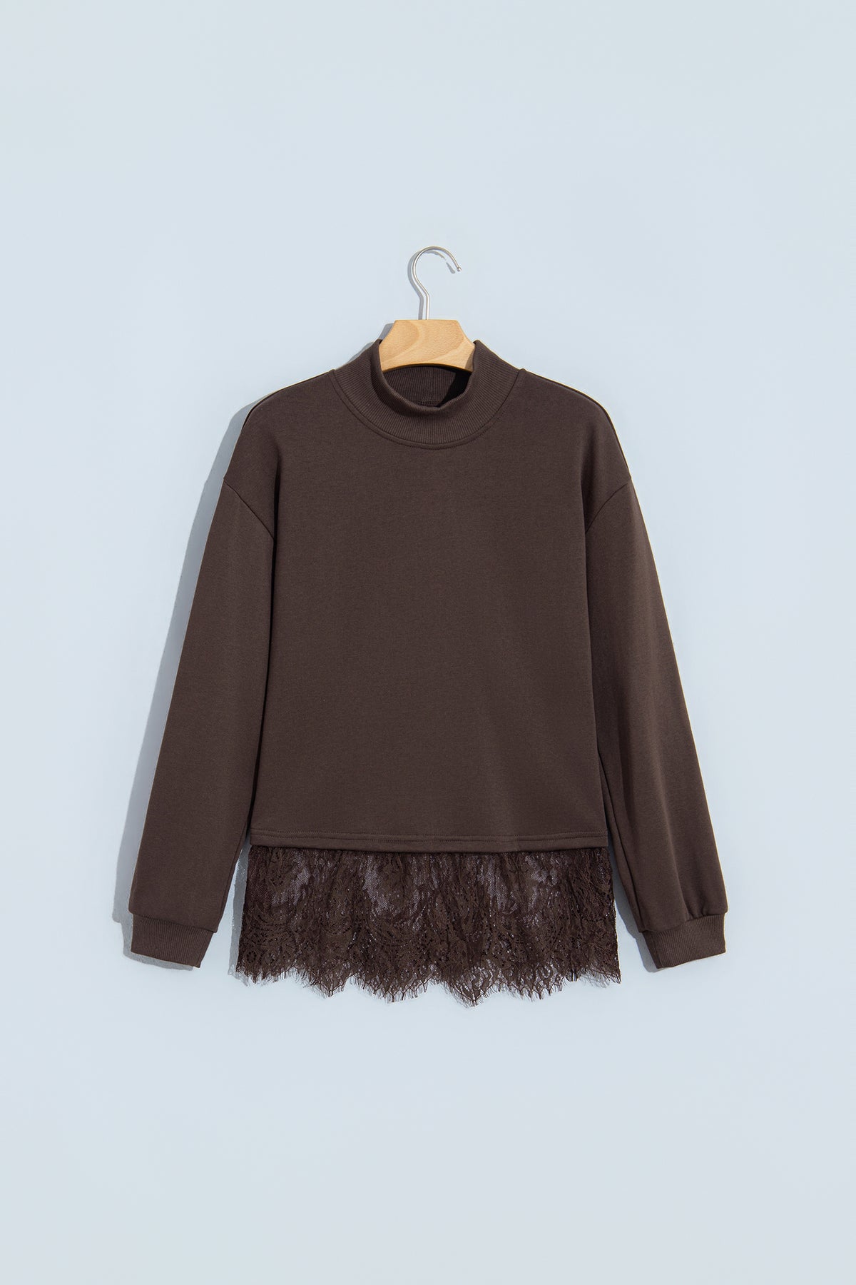 Coffee Solid Color High Neck Lace Splicing Hem Pullover Sweatshirt