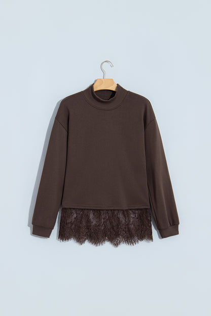 Coffee Solid Color High Neck Lace Splicing Hem Pullover Sweatshirt