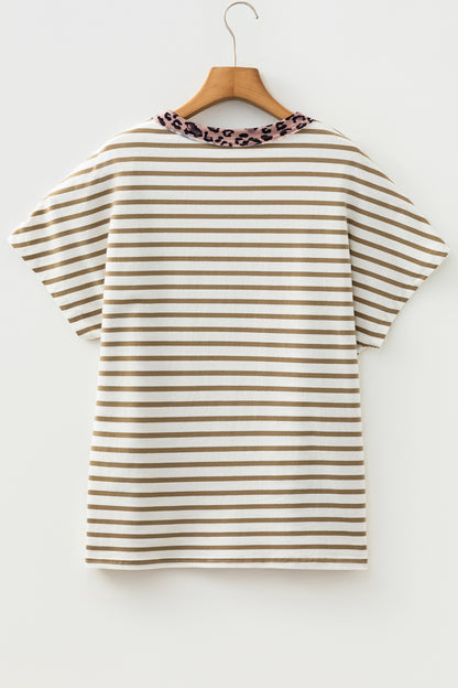 Striped Leopard Trim Tee Casual Loose Fit T Shirt