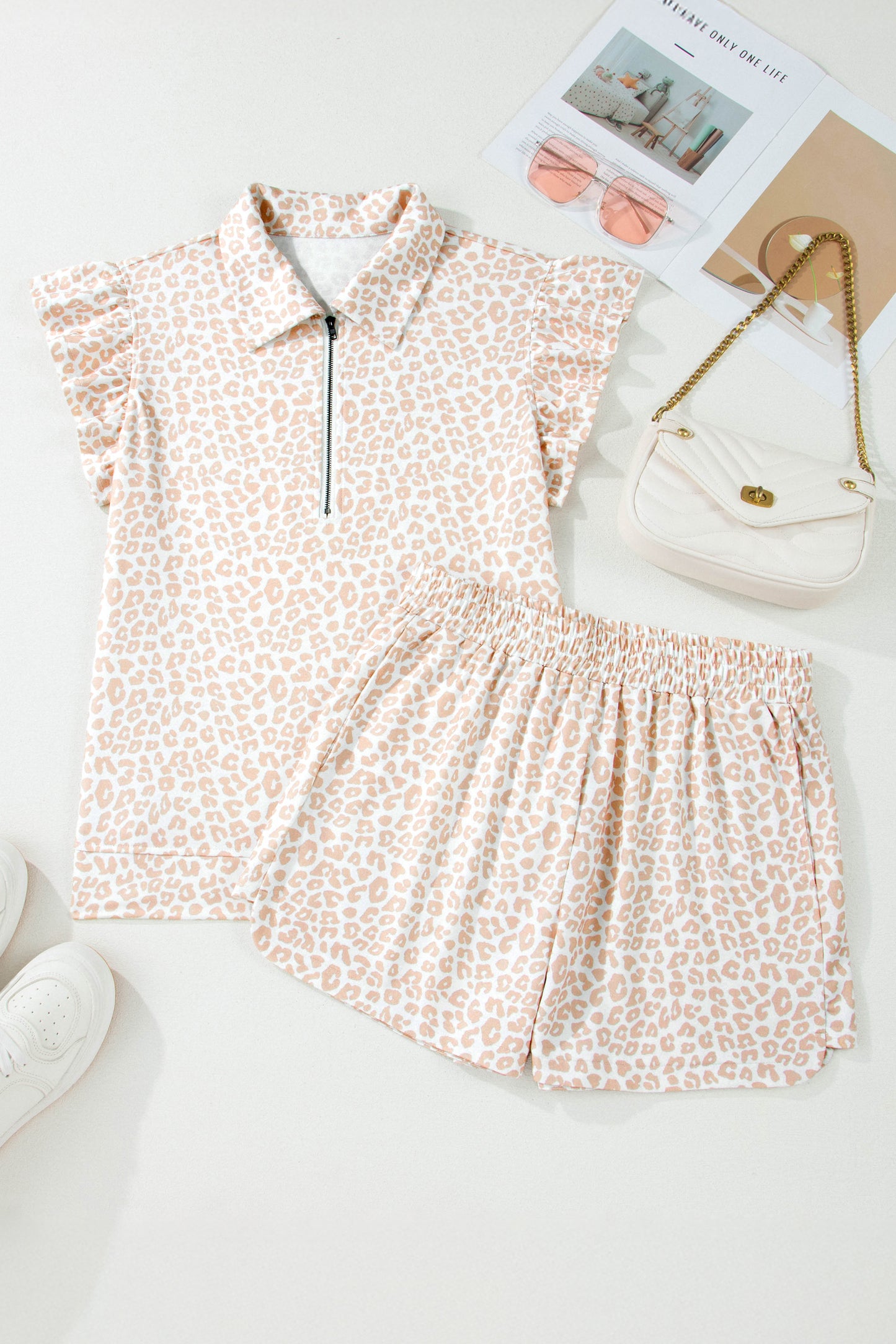 Leopard Ruffle Zip Polo Two Piece Short Set Women