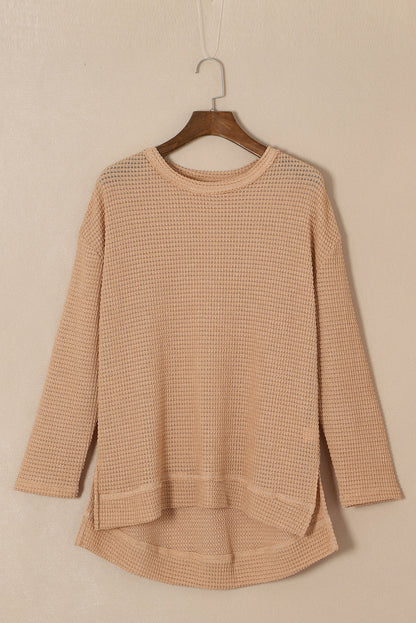 Black Waffle Knit Oversized Top with Side Slits