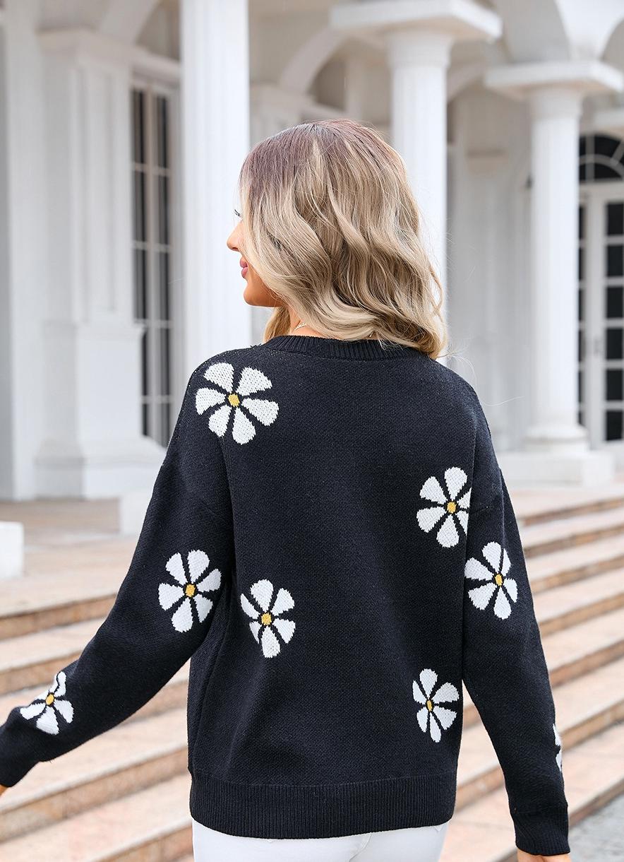 Floral Knit Pullover Sweater - Spring Pastel Daisy Top