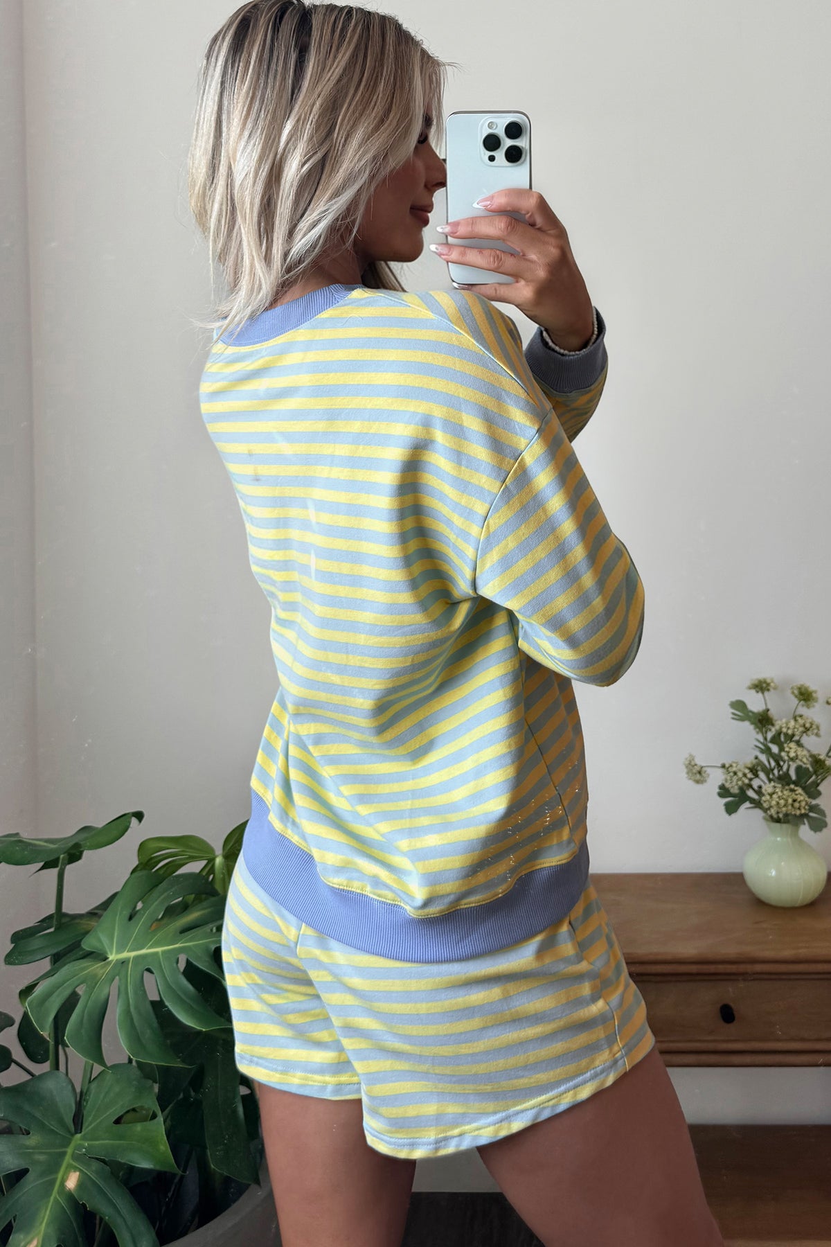 Striped Long Sleeve Pullover and Shorts Lounge Set
