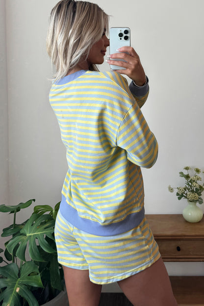 Striped Long Sleeve Pullover and Shorts Lounge Set