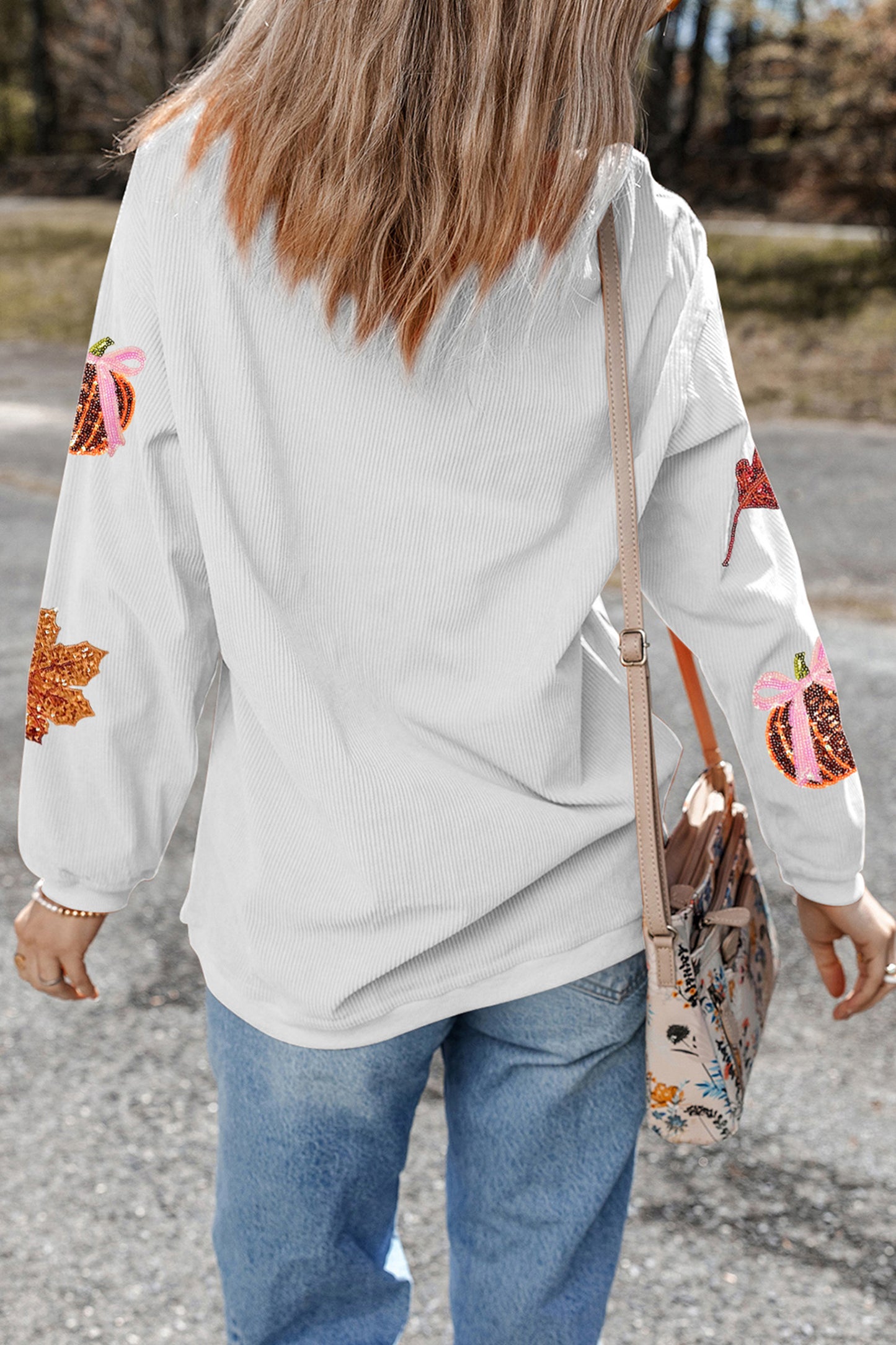 Sequin Pumpkin Leaf Corded Ribbed Oversized Sweatshirt