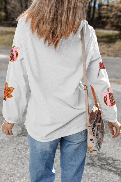 Sequin Pumpkin Leaf Corded Ribbed Oversized Sweatshirt