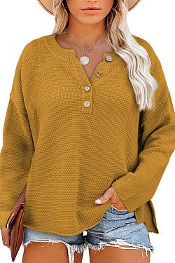 Women's Oversized Sweaters Batwing Long Sleeve Loose V Neck Button Henley Tops Pullover Knit