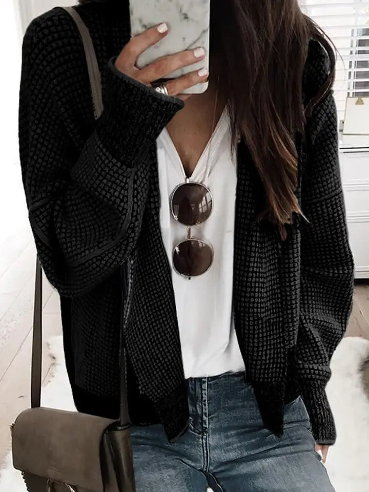 Contrast Trim Plaid Open-Front Knit Cardigan