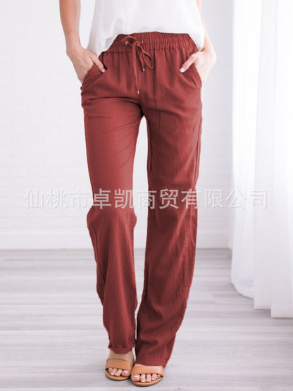 Women's Cotton Linen Drawstring Wide Leg Casual Pants