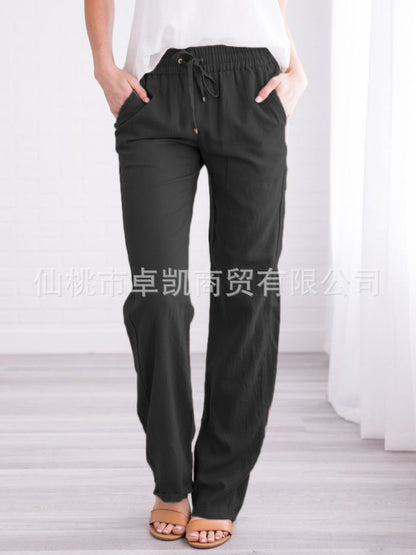 Women's Cotton Linen Drawstring Wide Leg Casual Pants