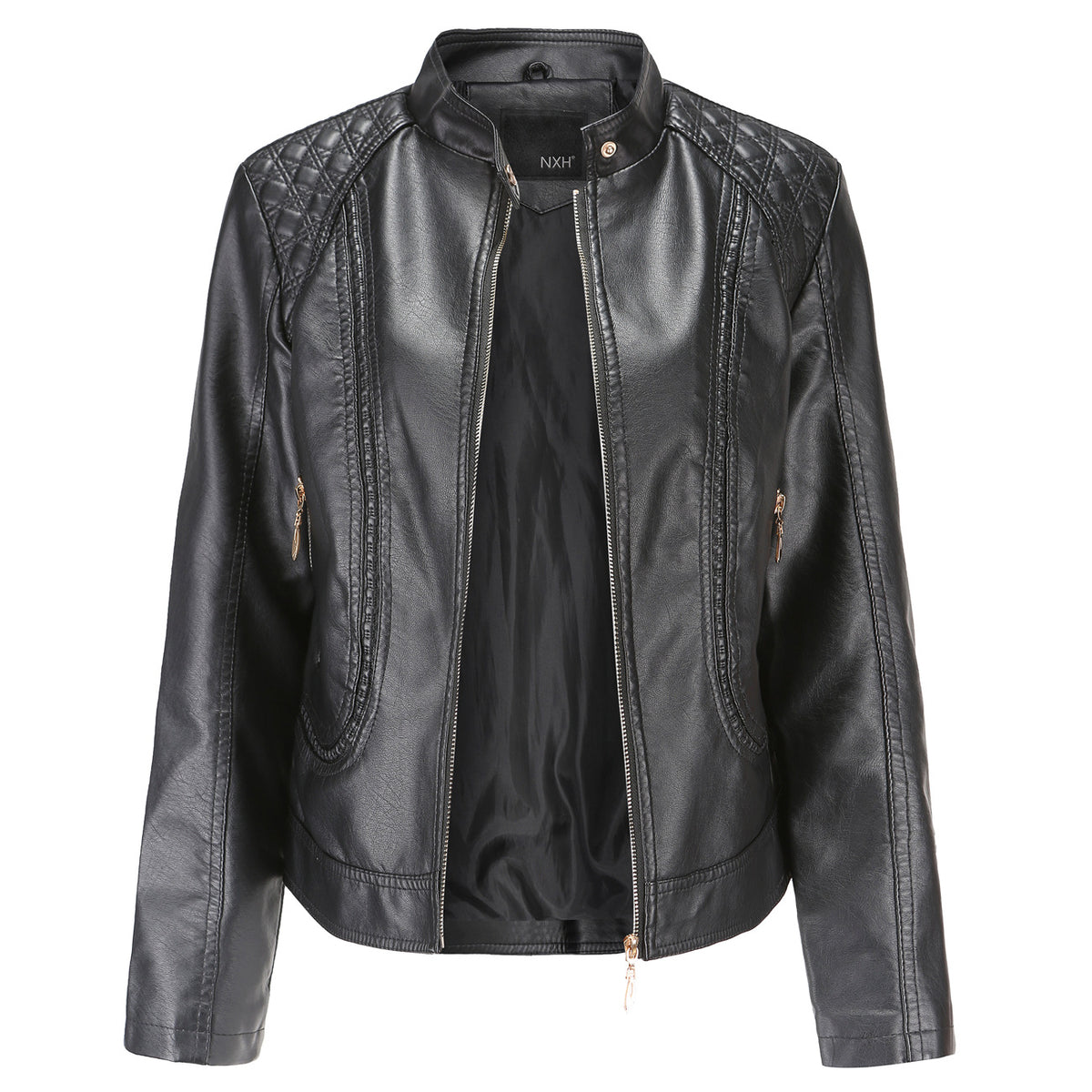 Womens Faux Leather Moto Jacket Zip Up Quilted