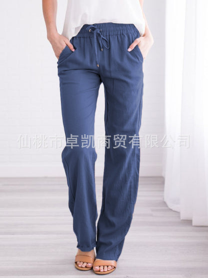 Women's Cotton Linen Drawstring Wide Leg Casual Pants